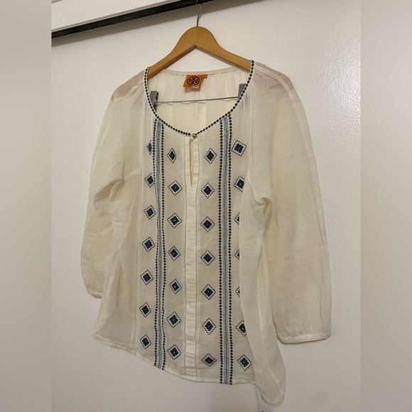 Tory Burch Lucille Top Embroidered Panel Cotton/Linen Blend - Picture 4 of 7